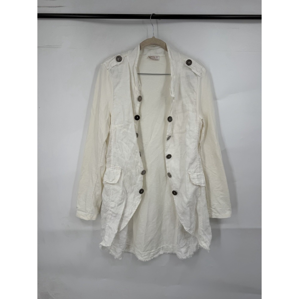 Suzy‎ D Linen Blend Open Front Cardigan Top Women M Ivory Nautical Beach